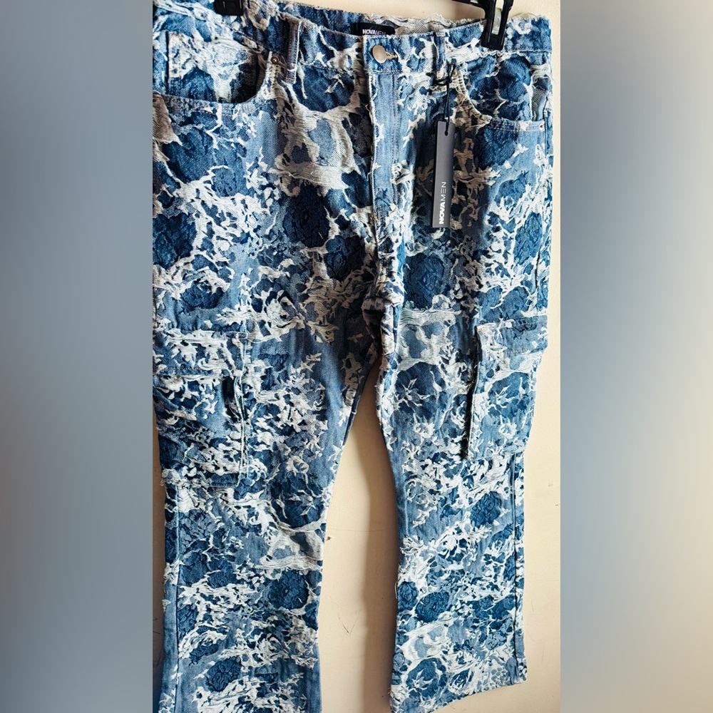 Mens New Fashion Nova Blue & White pattern Super big wide flared jeans - Size 36